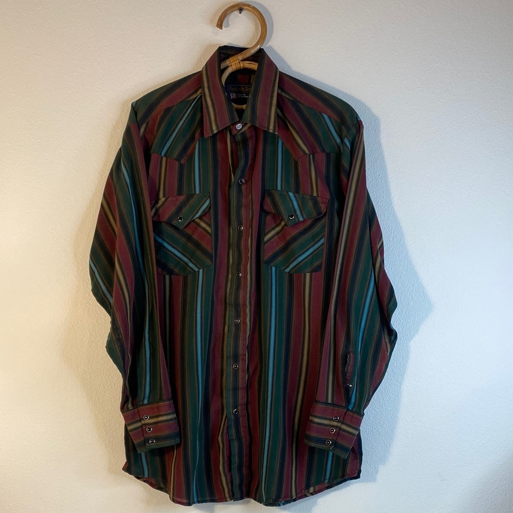 Panhandle Slim Men's Striped Shirt - Green, Red, Blue 90s